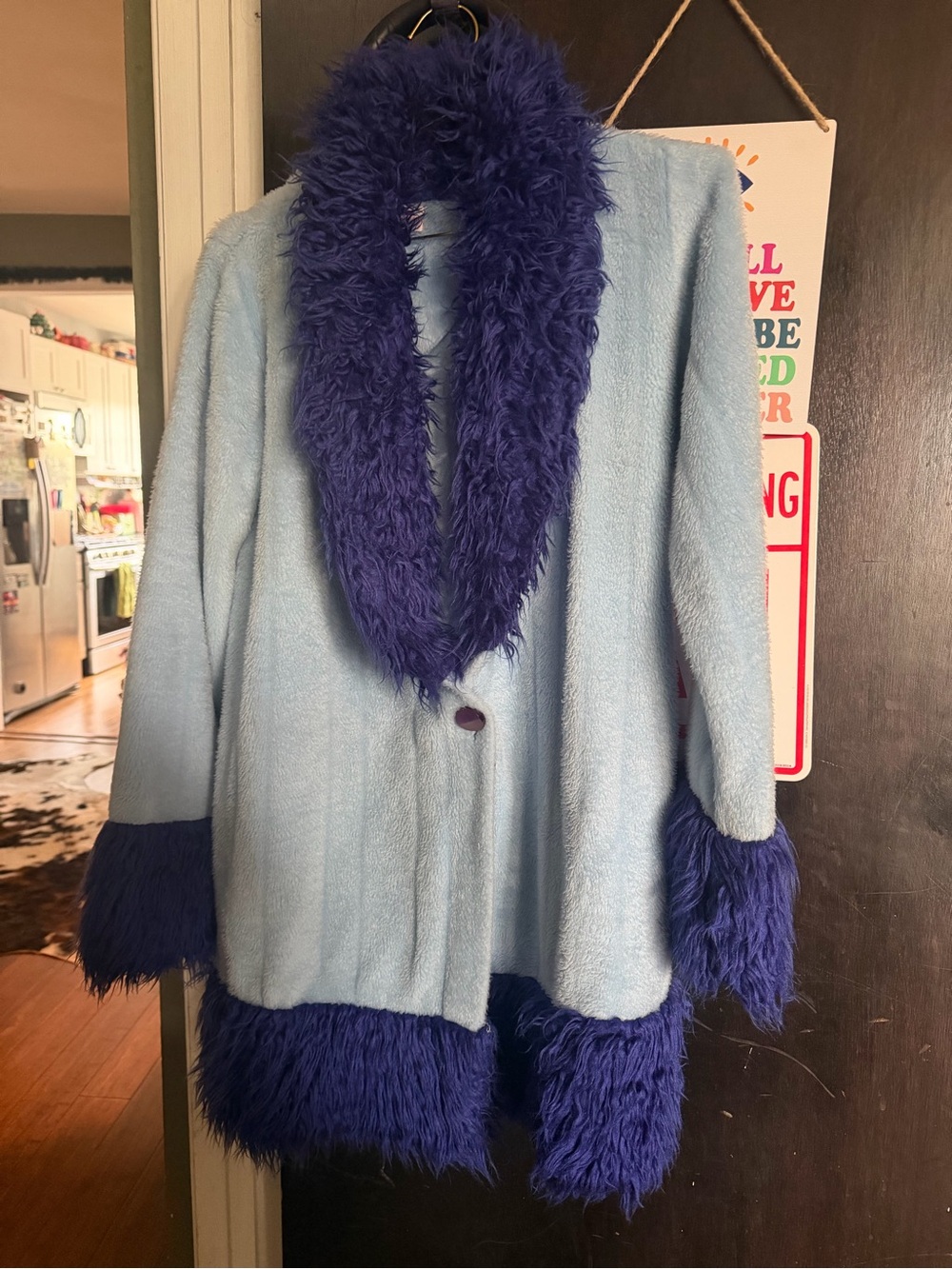 Vintage Evelyn Pearson Light Blue Coat fuzzy Faux Fur Trim rave jacket festival